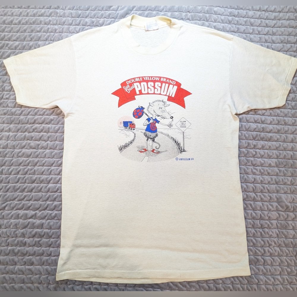 Single Stitch Vtg Sun Dried Possum Double Yellow Brand Sz LG *AMPOSSUM Hanes
